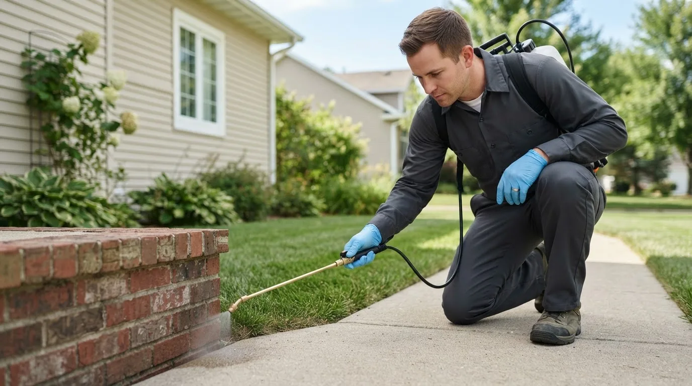 Pest control technician treating a home near Lincoln, DE